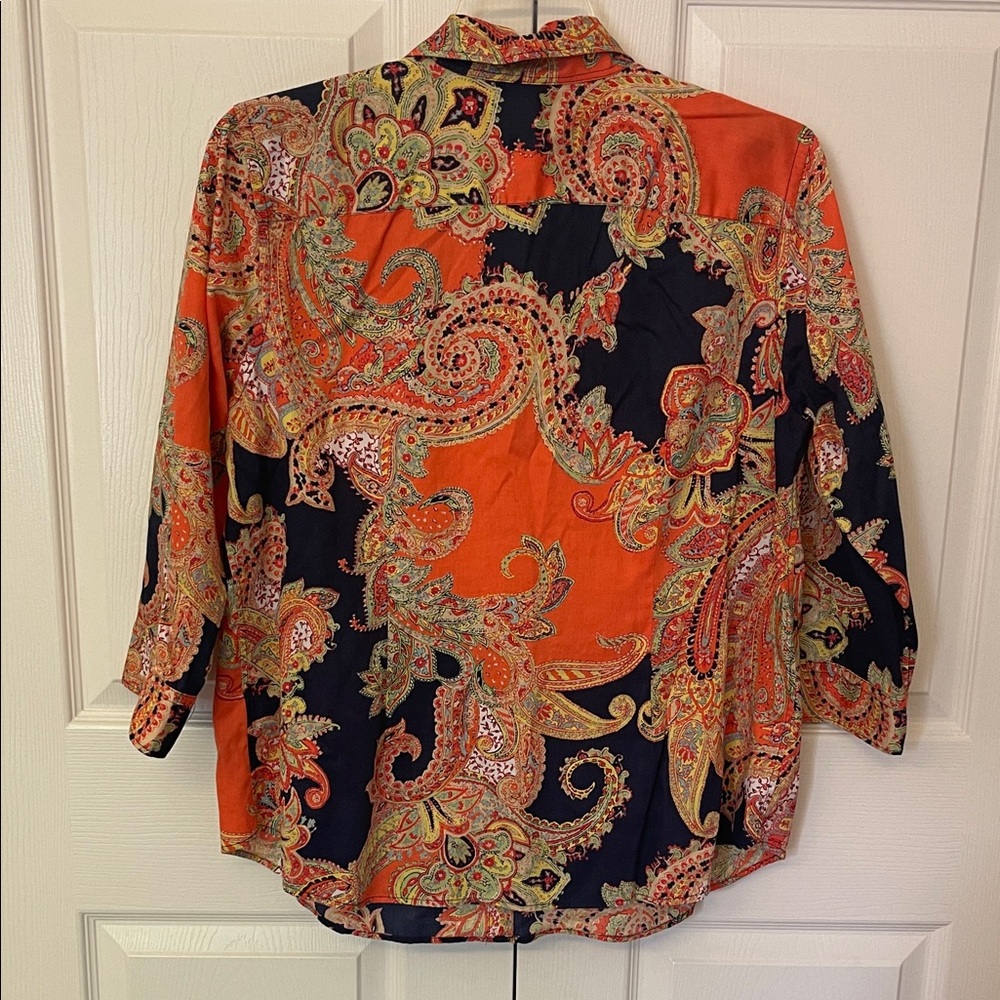 Ralph Lauren Women’s Vibrant Orange Black Paisley Buttondown Blouse Top Size 1X - Picture 5 of 12
